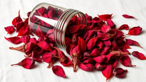 Dried hibiscus petals spilling from a jar showcasing hibiscus plant benefits