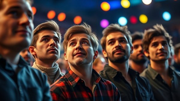 Diverse group of men performing on stage with curious expressions.
