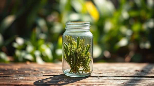 Green plant cuttings in jar on rustic table for outdoor garden propagation.