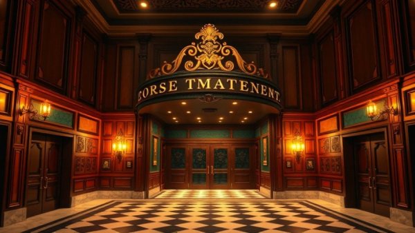 Luxurious subterranean cinema entrance with ornate wood paneling.