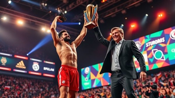 Athlete wins trophy at Enhanced Games event, celebration scene.