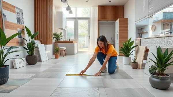 Modern home interior with tiles for home design and woman measuring floor.