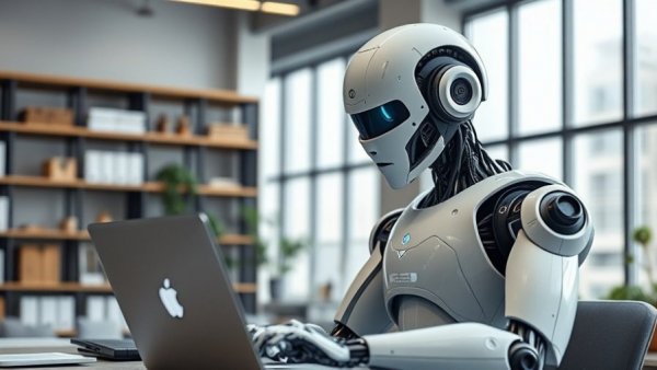 Humanoid robot working on a laptop in a modern office environment.
