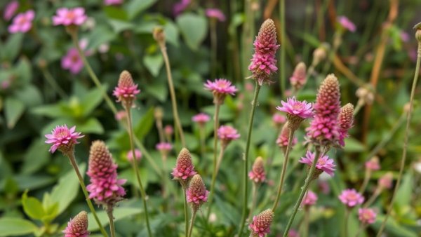 Pink and green weeds in an outdoor garden environment.