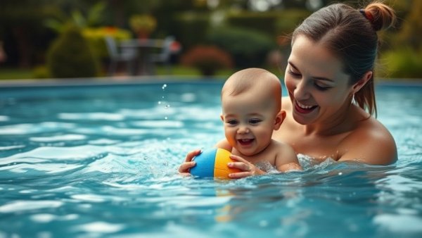 Toddler playing in pool with adult and toy ball, lush garden backdrop.