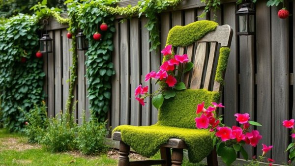Moss-covered chair and flowers repurposed in garden setting.