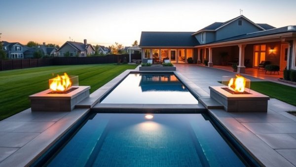 DFW backyard summer entertainment with pool and fire features at dusk.