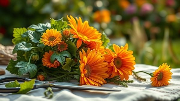 Edible flowers and garden scissors in outdoor garden setting