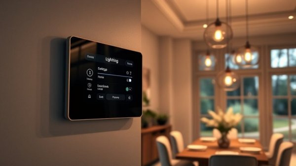 Smart home lighting control panel in a modern interior setting.