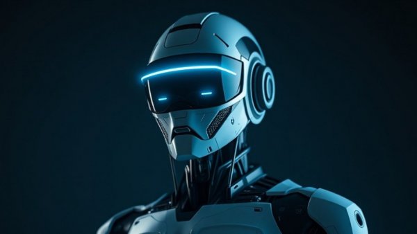 Futuristic robot with visor in a context-aware workspace environment
