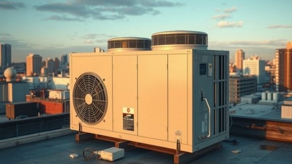 Modern energy-efficient cooling systems on a rooftop in cityscape