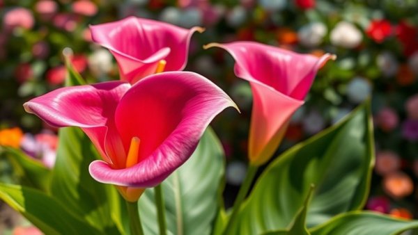 Vibrant calla lilies in an outdoor garden with lush greenery.