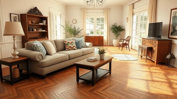Elegant living room with herringbone flooring, timeless choice decor.