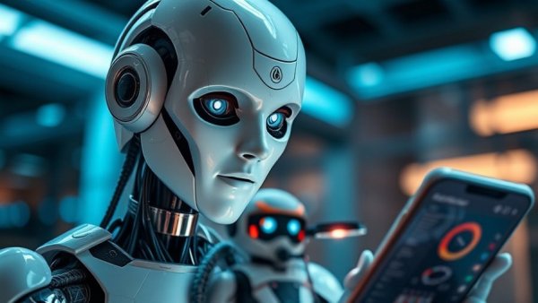 Futuristic humanoid robot interacting with AI on smartphone.