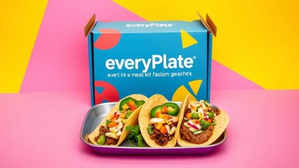 Colorful EveryPlate meal kit box with tacos and geometric background for EveryPlate meal kit review.