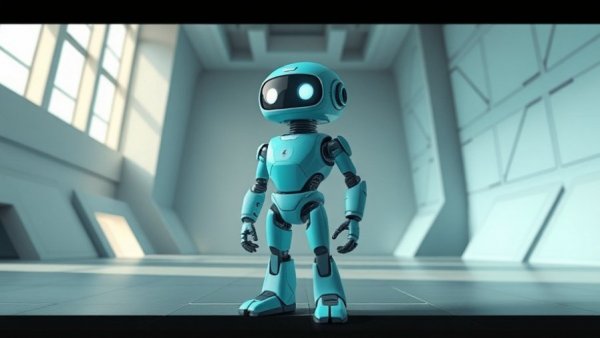 Teal robot standing in abstract digital scene with geometric patterns.