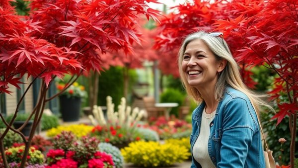 Smiling woman enjoying lush garden with red maple trees.