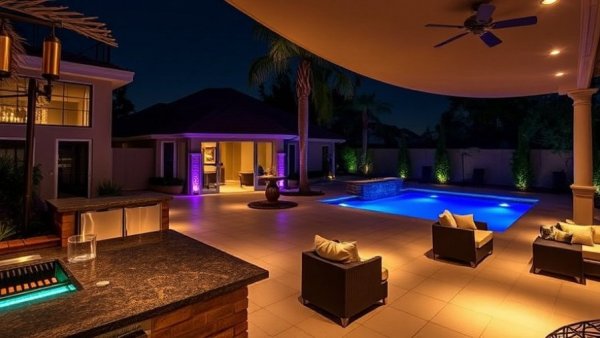 Backyard oasis with PureEdge lighting and outdoor kitchen by pool.
