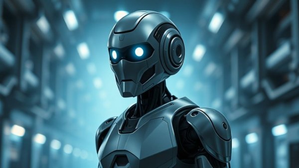 Futuristic humanoid robot with glowing eyes stands in a sci-fi setting.