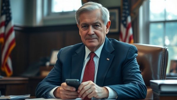 Elderly man in a suit with a smartphone in an office setting.