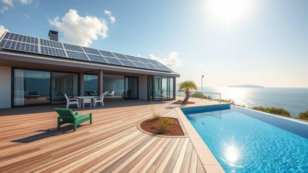 Solar panels on a house roof by a pool in London