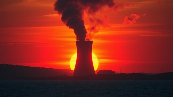 Tokenpocalypse dramatic sunset over nuclear plant with smoke.