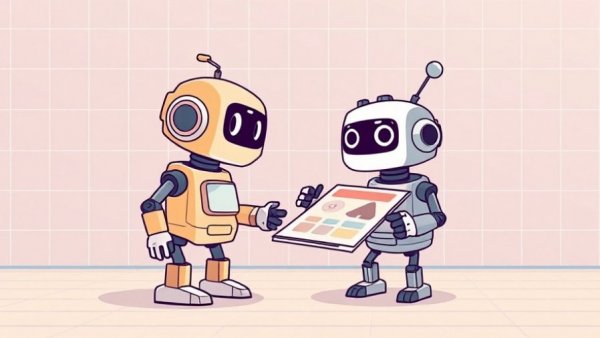 Cartoon robot in minimalistic printing scene.