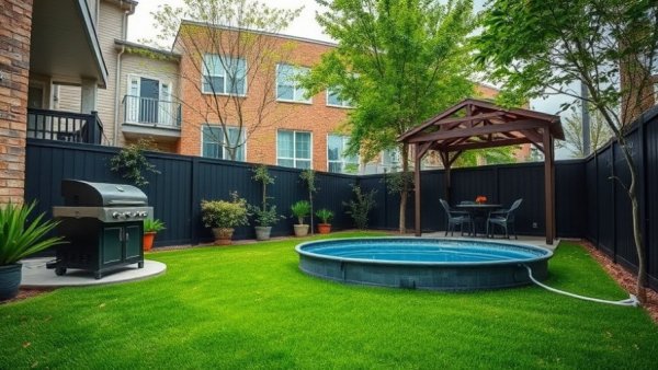 Small backyard design with pool and gazebo under blue sky.