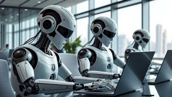 Futuristic robots working in modern office on AI research platform tasks.