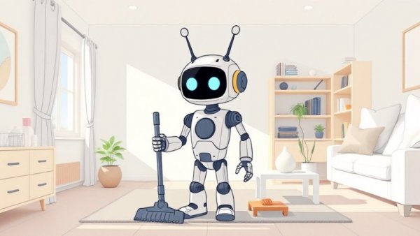 Cartoon humanoid robot cleaning a modern minimalist home.