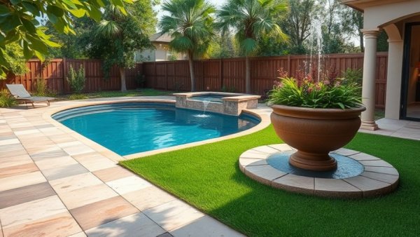 Luxurious swimming pools with stone deck and green grass.
