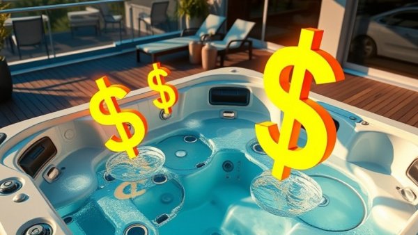 Modern hot tub with dollar signs floating, illustrating hot tub costs on a sleek deck.