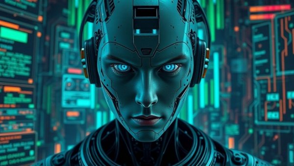 Futuristic AI agent with glitches in high-tech environment, AI agent failures