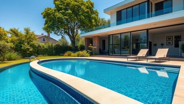 Modern pool with tanning ledge in bright setting