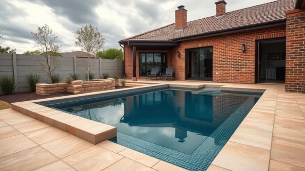 Modern luxury pool in a small backyard with cloudy sky.