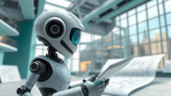 Cartoon robot beside modern blueprint background.