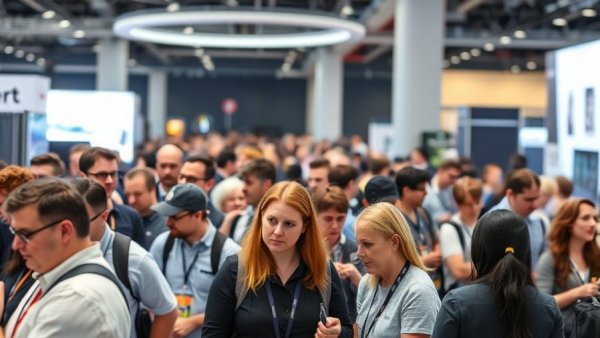 Tech conference attendees viewing displays in modern exhibition hall.