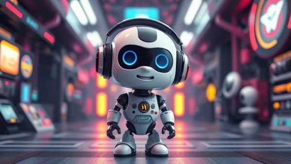Cute cartoon robot with headphones in a tech setting.