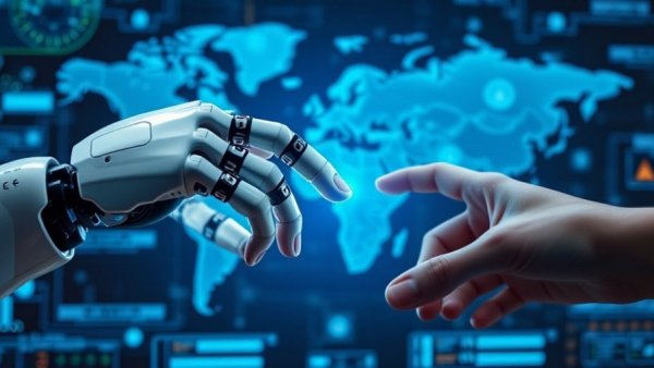 AI Integration in Salesforce: Human and robotic hands interacting with tech interface.