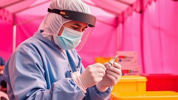 Healthcare workers preparing Ebola Vaccine ERVEBO® under pink tent.