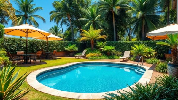 Installing a new pool in a vibrant backyard setting with lush greenery.