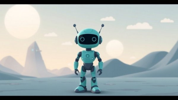 Cartoon robot amidst digital blocks symbolizing tech in facial recognition.