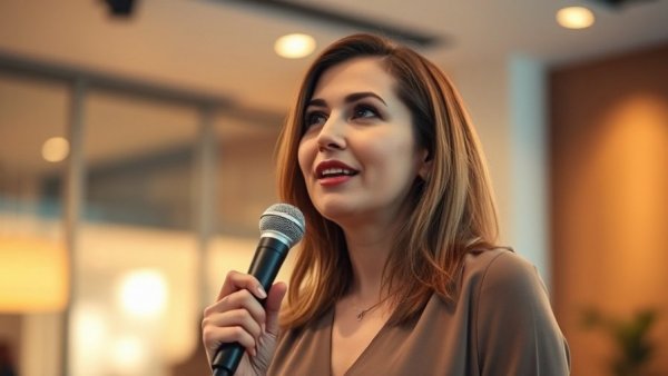 Woman discusses AI chatbots privacy on stage with microphone.