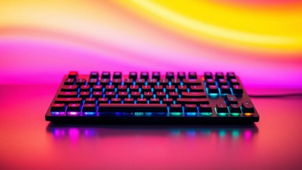 Wooting 60HE v2 keyboard with RGB lighting on rainbow background.