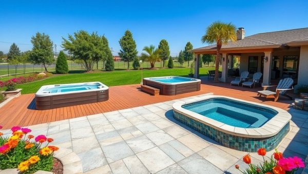 Outdoor setup with hot tub vs swim spa on wooden deck