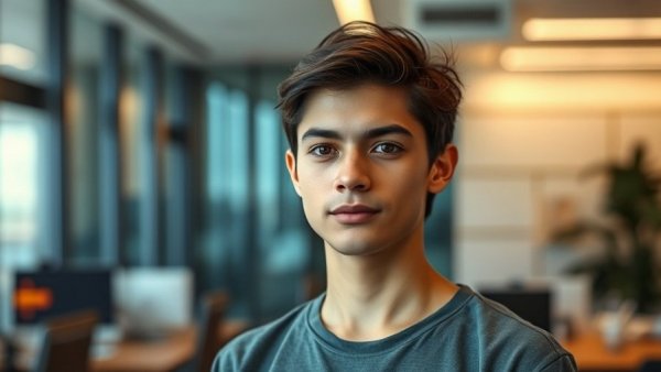 Young person in office setting with calm expression