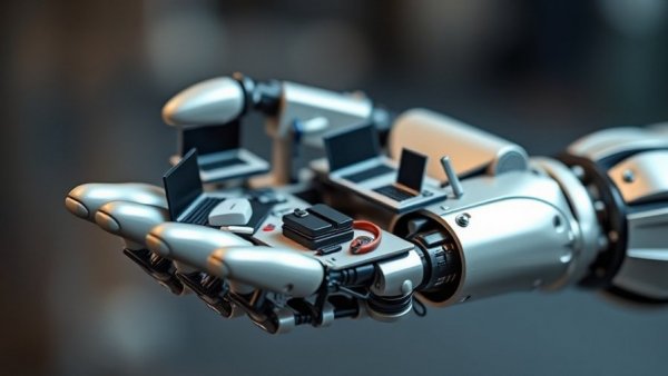AI impact on tech workspaces symbolized by robotic hand holding office desks.