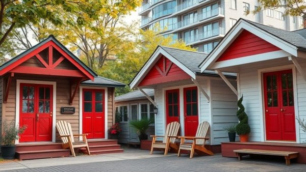Charming coach houses in Ottawa with red doors and chairs.