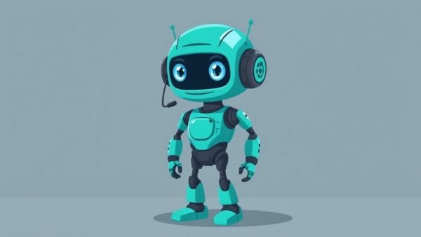 Cartoon teal robot with headset in a futuristic setting.