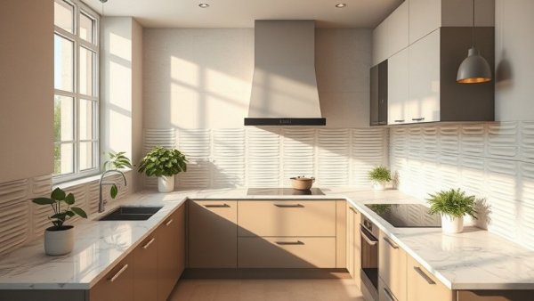 Modern kitchen featuring fluted and textured tiles.